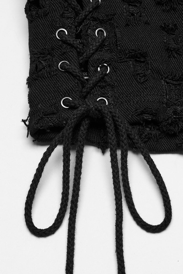 Black Punk Sleeveless Waistcoat with Rivets and Lacing - NoirEdge