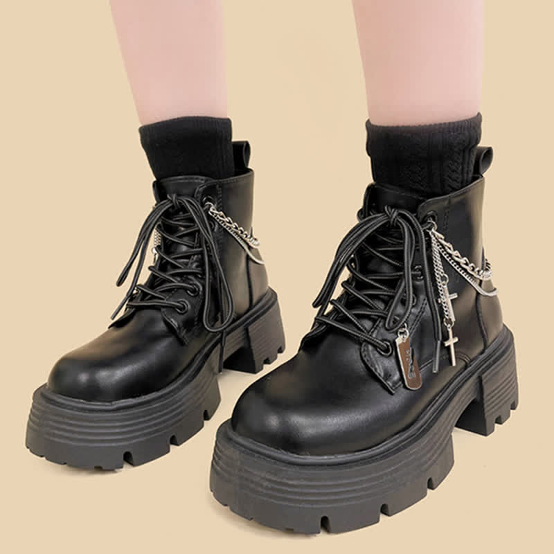 Cross Chain Decor Platform Round Toe Boots