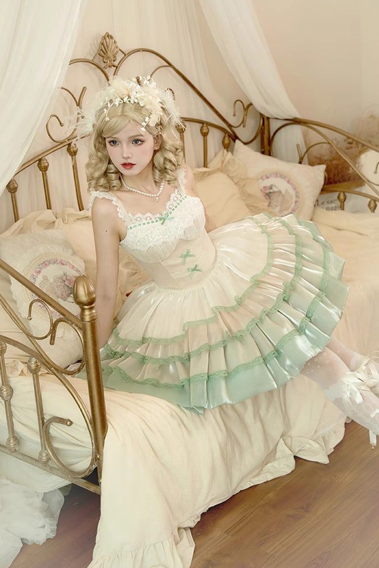 Ivory/Green Glass Dream Multi-layer Ruffle Fish Bone Sweet Lolita Jsk Dress