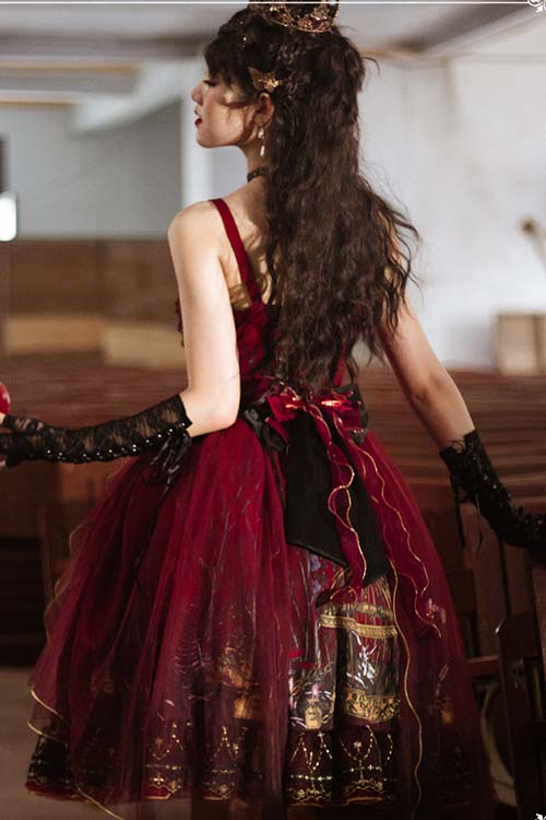 Red Chiffon Gothic Lolita JSK Dress with Forest Motif