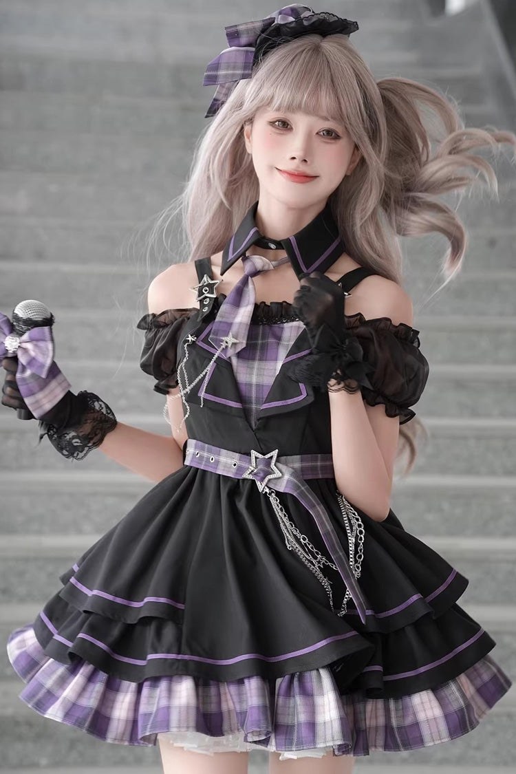 Purple Dark Night Rose Boat Neck Short Sleeve Plaid Print Ruffle Chain Gothic Lolita Dress