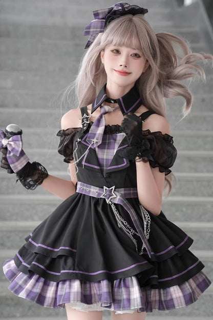 Purple Dark Night Rose Boat Neck Short Sleeve Plaid Print Ruffle Chain Gothic Lolita Dress