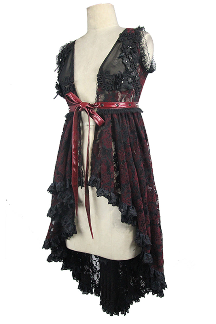 Waist Knot Back Lace-Up Frill Hem Sleeveless Rose Mesh Gothic Tee