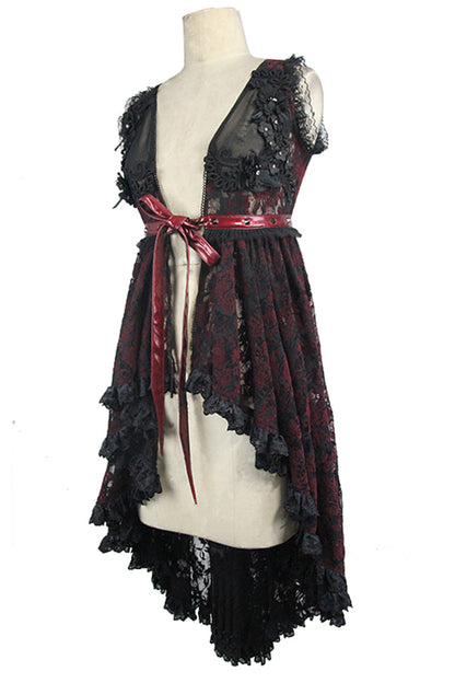 Waist Knot Back Lace-Up Frill Hem Sleeveless Rose Mesh Gothic Tee