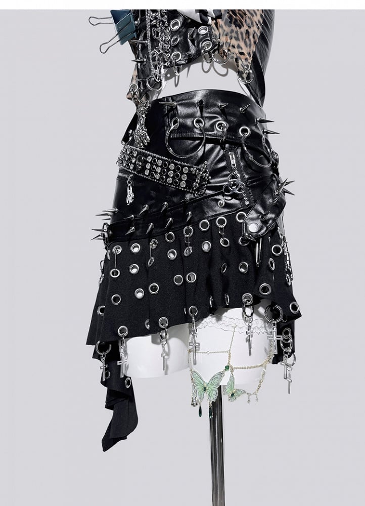 Punk Black Ring Cross Studs Asymmetrical Skirt