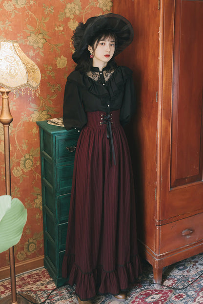 Black Red Long Sleeves High Waist Print Lace Gothic Vintage Lolita Dress Set