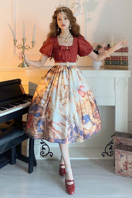 Red Puff-Sleeve Classic Lolita OP Dress with Church Victory Print