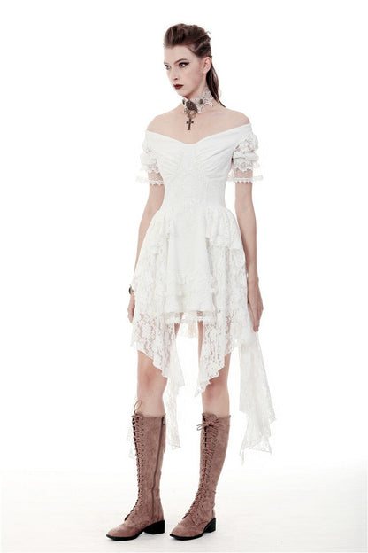 Ivory Off-Shoulder Lace Short Sleeve Steampunk Wedding Dress