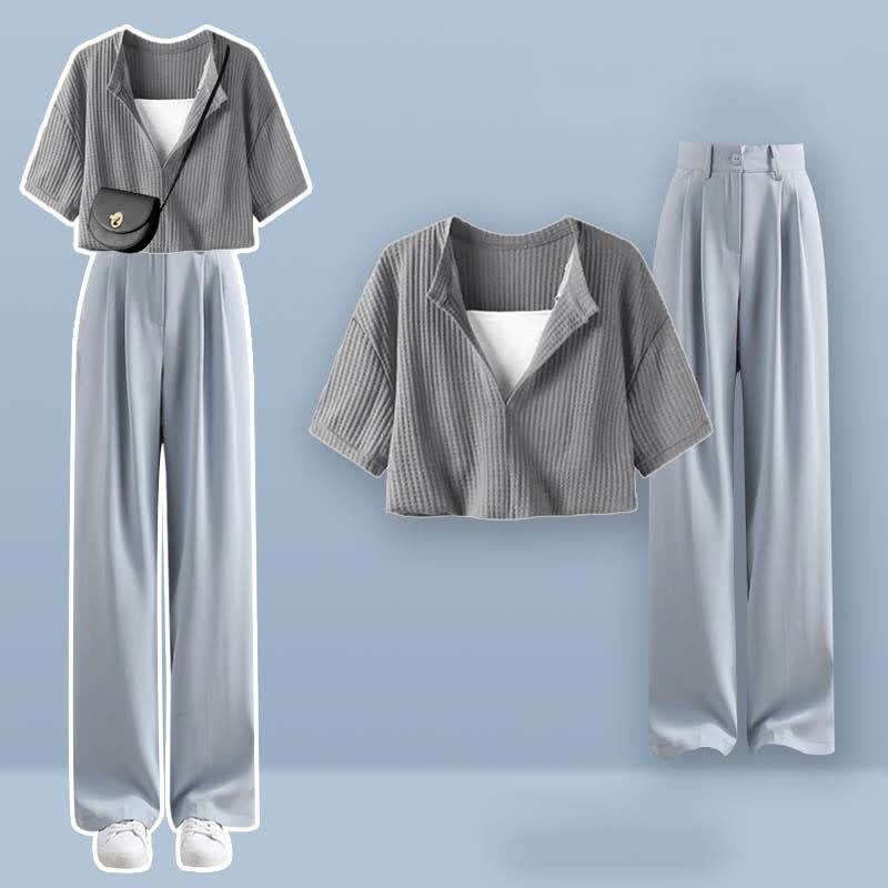 Pieces Set Casual Crop Top Fake Pants Two T-Shirt