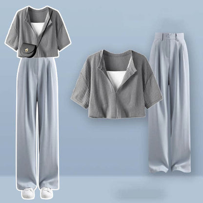 Pieces Set Casual Crop Top Fake Pants Two T-Shirt