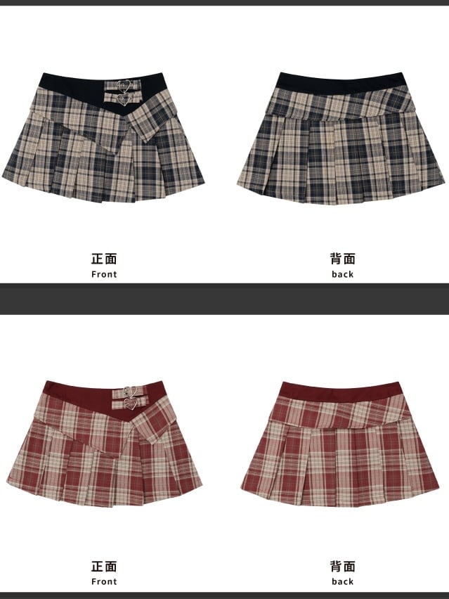 Khaki Red Buckle Straps High Waist Plaid Pleated Skirt