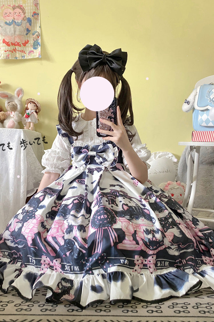 Cow Cat Print Ruffle Ribbon Sweet Lolita Jumper Dress