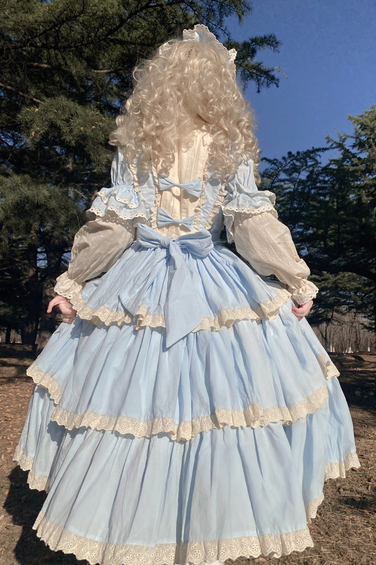 Blue Lapel-Collar Long-Sleeved High-Waisted Multi-Layer Bow-Trim Sweet Lolita Dress
