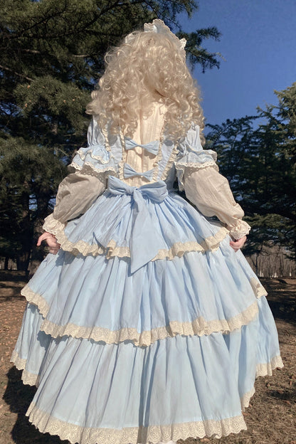 Blue Lapel-Collar Long-Sleeved High-Waisted Multi-Layer Bow-Trim Sweet Lolita Dress