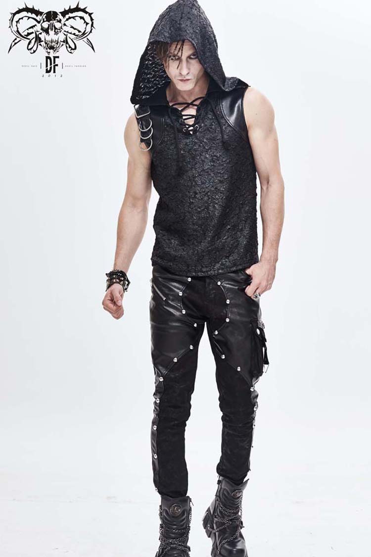 Men's Punk Knit Vest with Hood Tattered Chest Lace-Up Metal Buckle