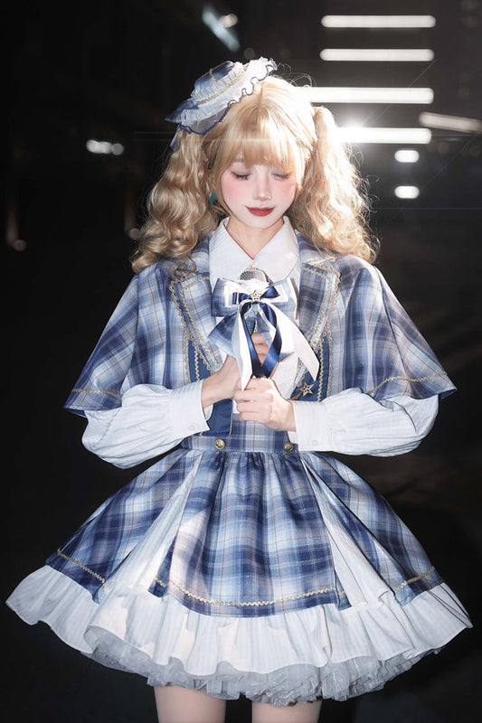 Blue Little Starlight Idol Lapel Collar Long Sleeve Double Layer Print Ruffle Bow Sweet Japanese Lolita Skirt Set