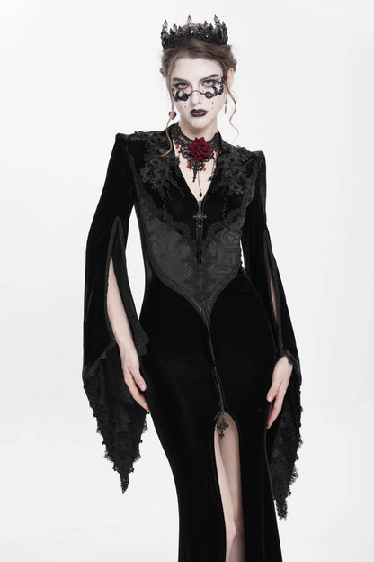 V Collar Trumpet Sleeve Floral Embroidered Velvet Gothic Dress