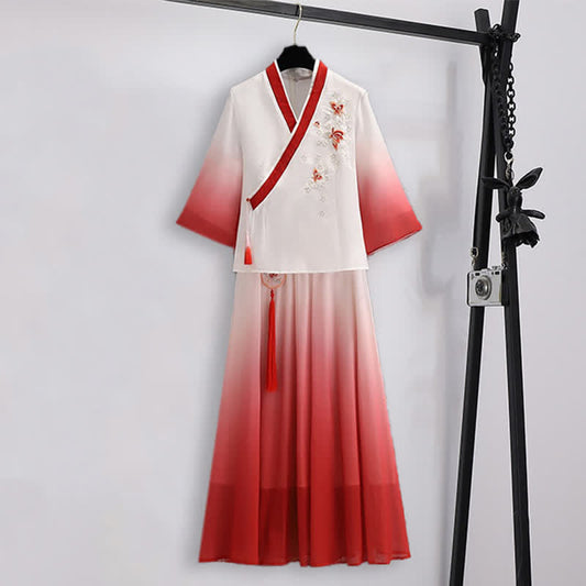 Skirt Shirt Red Vintage Butterfly Embroidery