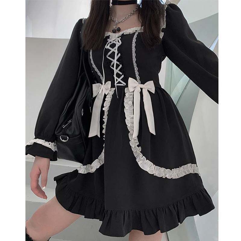 Robe de demoiselle d'honneur noire à lacets et nœud papillon Lolita