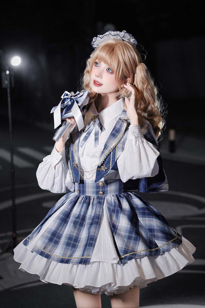 Lapel Long Sleeve Double Printed Ruffled Bow Japanese Lolita Skirt Set