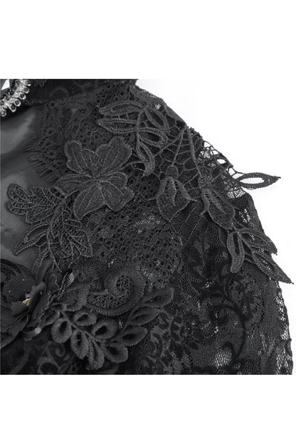 Women's Dark Blouse with Flared Sleeves and Lace Trim