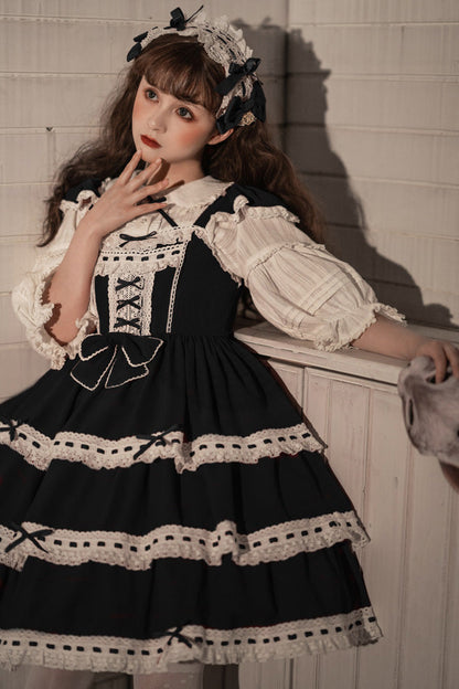 Black Antique Dolls Sweet Lolita Triple-Layered Bowknot JSK Dress