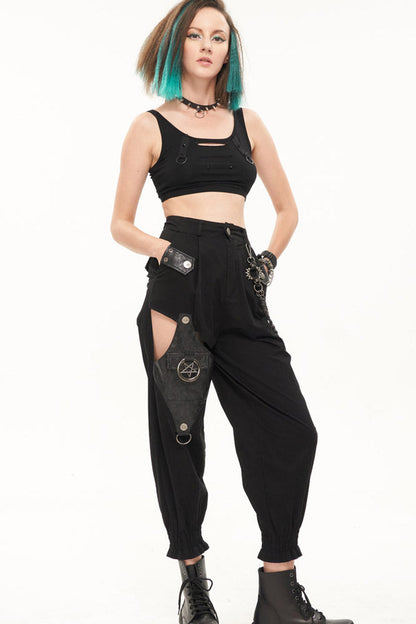 Womens Long Pants with Chain Accents and Leather Trim