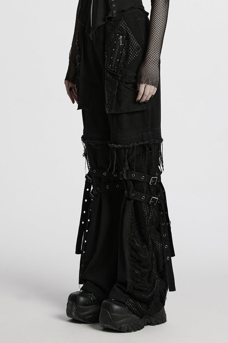 Detachable Punk Pants with Unfinished Edges and Mesh