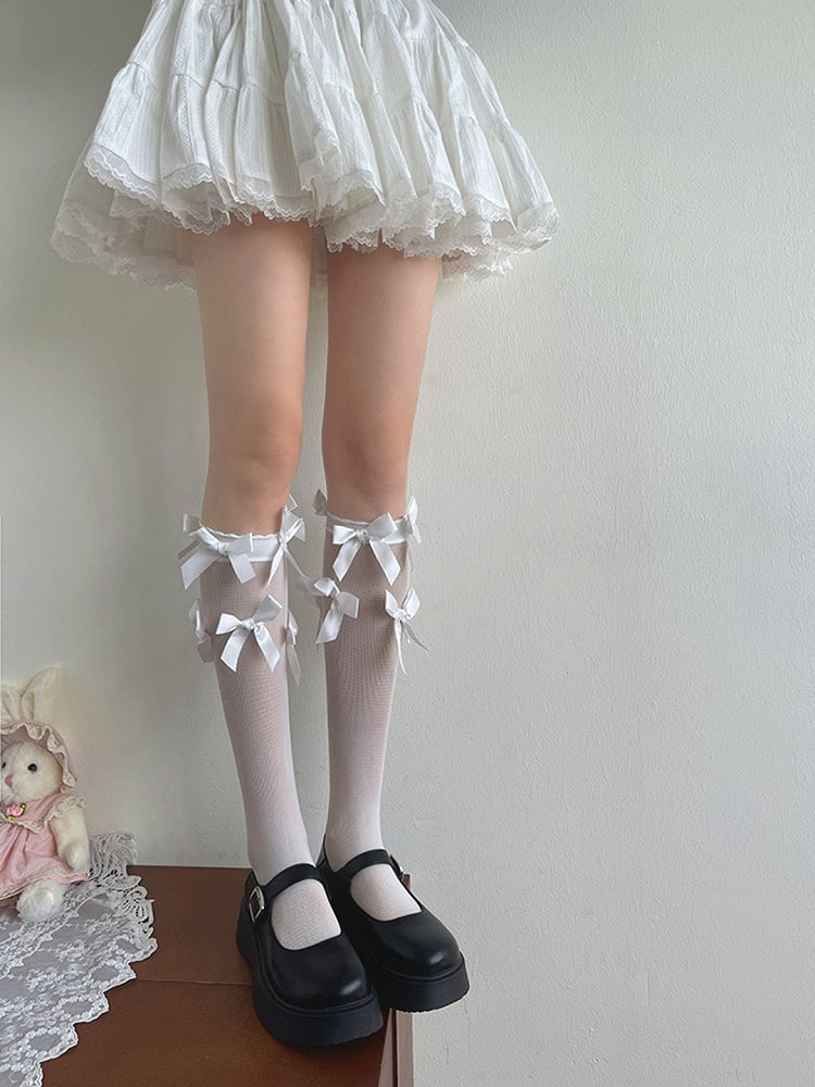 White/Black  Bowknot Details Semi-sheer Underknee Stockings