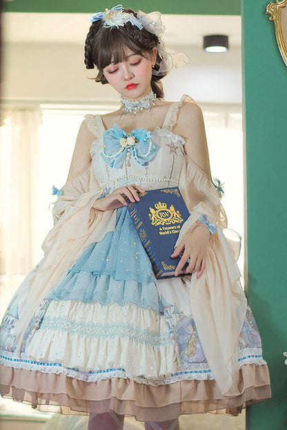 Cardigan with Elves Print and Multilayer Ruffled Jumper Dress