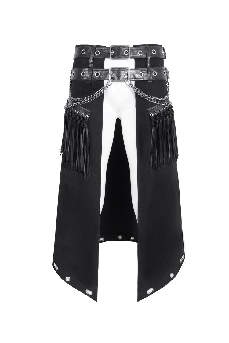 Double Belt Tassel Black Asymmetric Gothic Skirt for Men