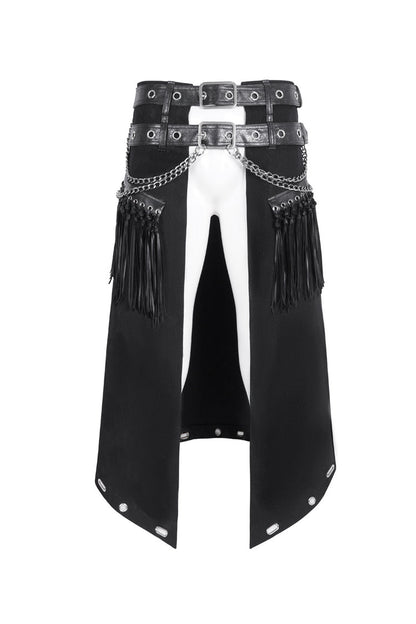 Double Belt Tassel Black Asymmetric Gothic Skirt for Men
