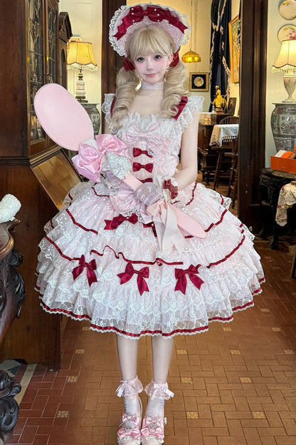 Rose Moon Tide Butterfly Call Sleeveless Layered Ruffle Bow Lace Sweet Lolita JSK Dress