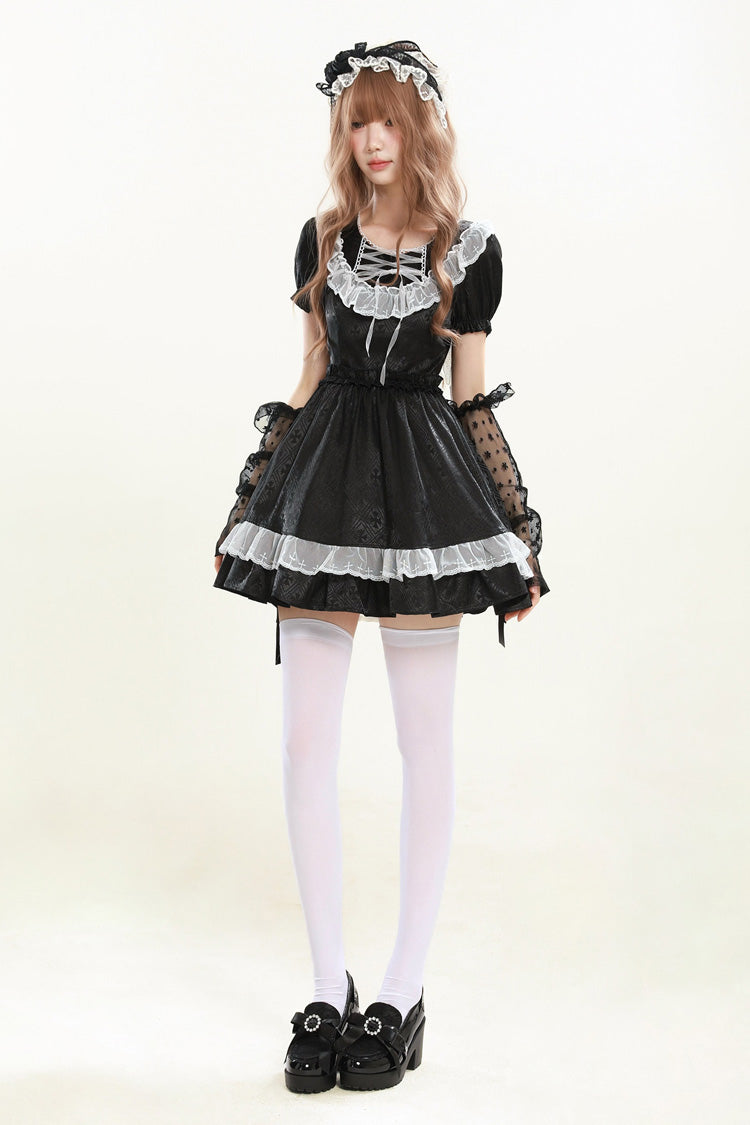 Lapel Collar Jacquard Ruffled Lace Gothic Dress