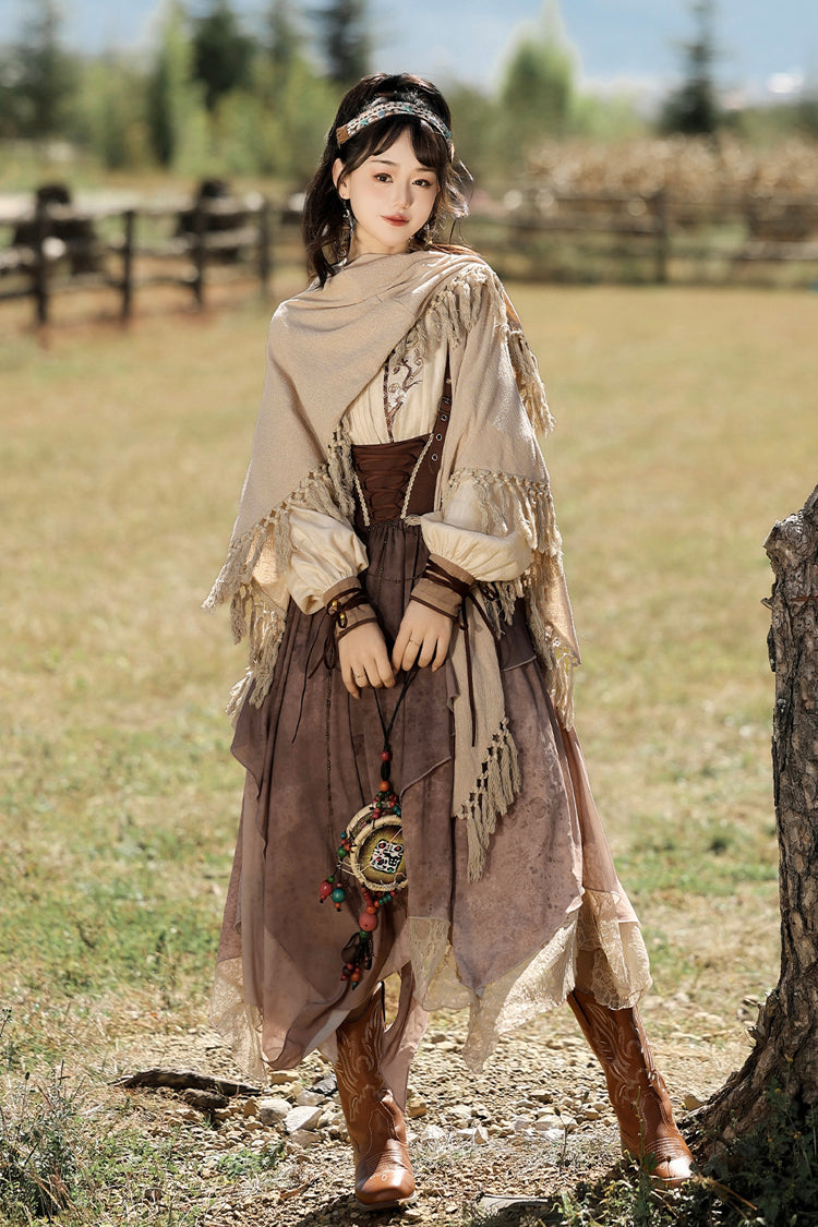 Brown Sunset Yellow Sand Print Irregular Asymmetric Vintage Lolita Dress Set