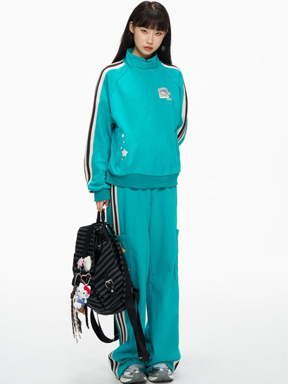 Blue Cargo Pockets Sporty Pants Striped Side