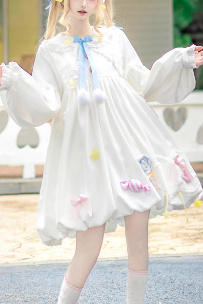 White Doll-Collar Long-Sleeved Candy Bow-Trim Sweet Lolita Dress