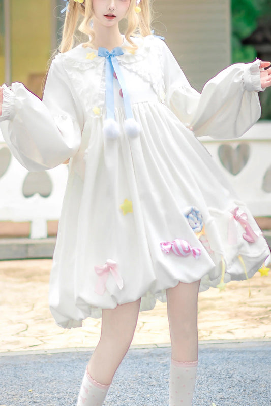 White Doll-Collar Long-Sleeved Candy Bow-Trim Sweet Lolita Dress