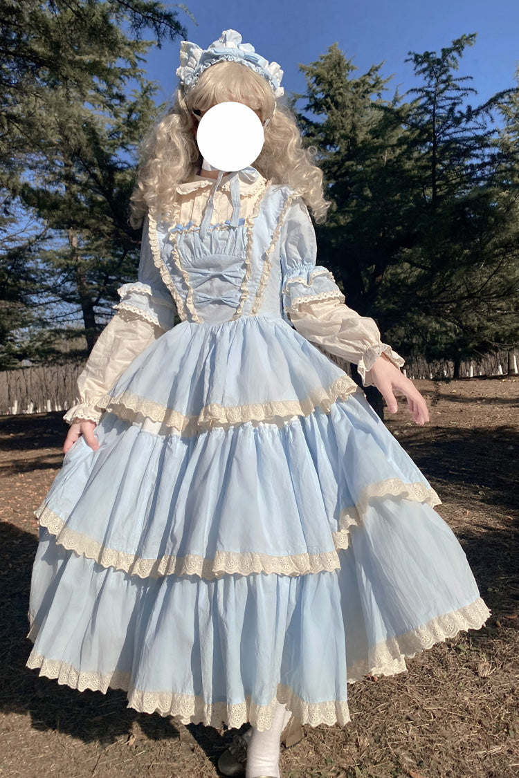 Blue Lapel-Collar Long-Sleeved High-Waisted Multi-Layer Bow-Trim Sweet Lolita Dress