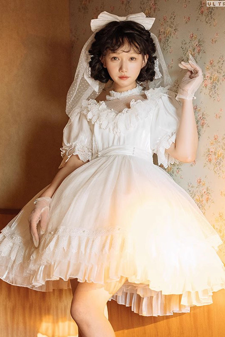 Ivory Multi-Layered Ruffled Hollow Bow Lace Vintage Lolita Dress