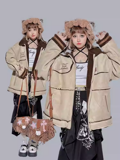 Khaki Contrast Trim Oversized Jacket