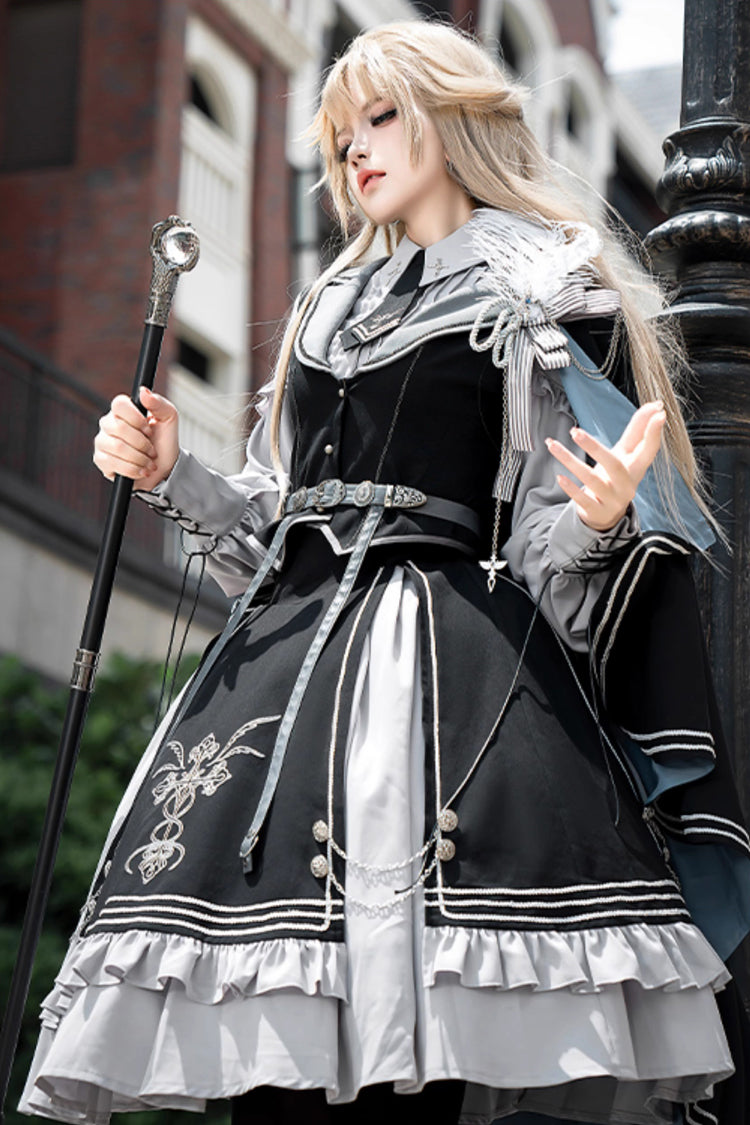 Black Blue Dark Knight Contract Print Ruffle Gothic Military Elegant Skirt