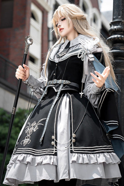 Black Blue Dark Knight Contract Print Ruffle Gothic Military Elegant Skirt