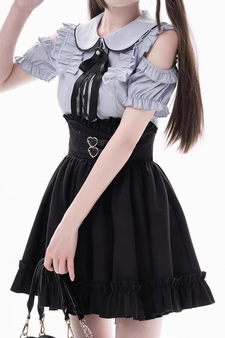 Black Blue Off-Shoulder Short Sleeve Ruffle Bow Set
