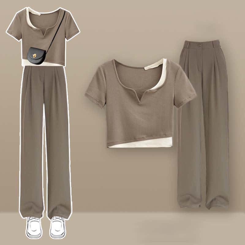 Colorblock Crop Top T-Shirt Casual Pants Set