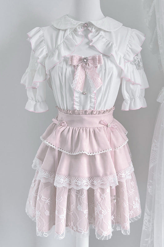 Triple-Layered Ruffle Bowknot Lace Jirai Kei Skirt Set