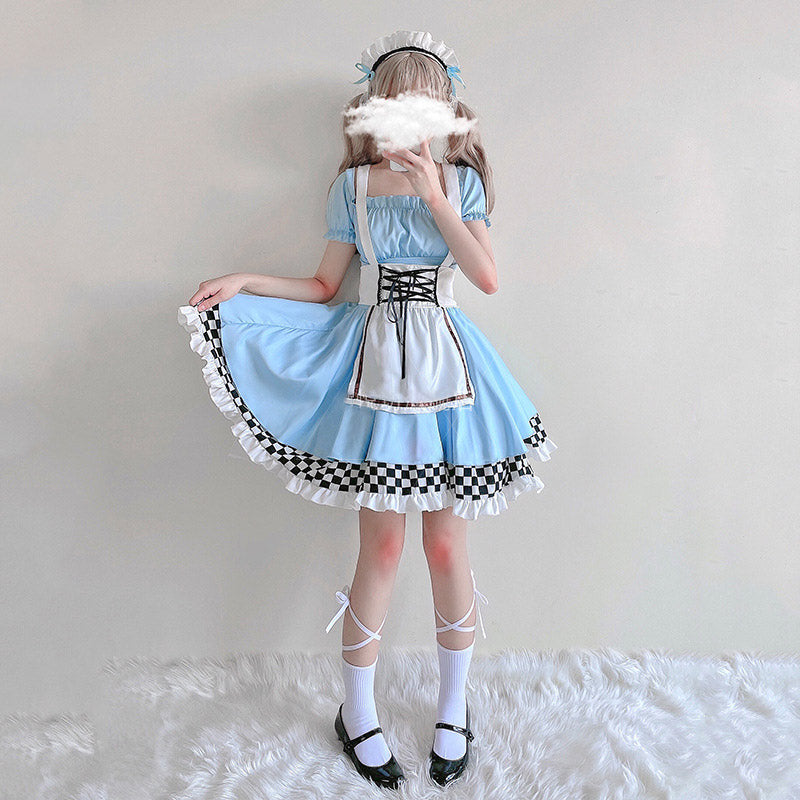 Blaues Lolita-Kleid mit Gittermuster und Rüschen und Schnürung