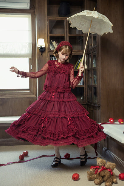 Sweet Stand Collar Long Sleeve Multi Layer Ruffle Color Block Lolita Tiered Dress 14 Colors