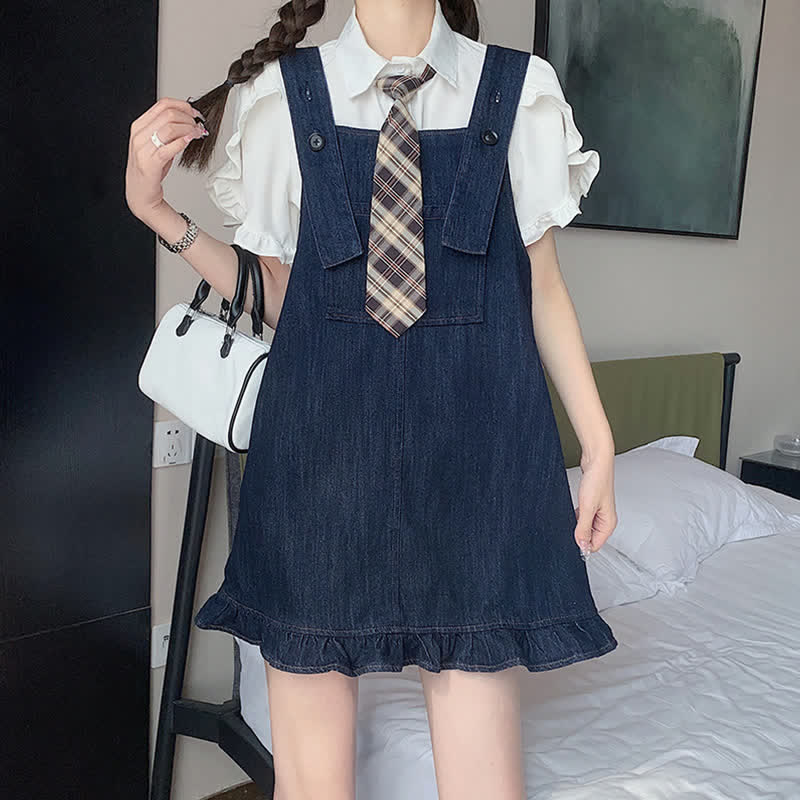 Denim Set Pocket Dress T-Shirt Lapel Overall Tie