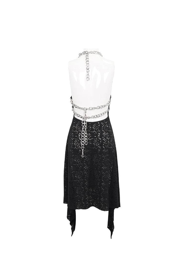 Wool Patterned Metal Chain Halter Backless Black Punk Dress